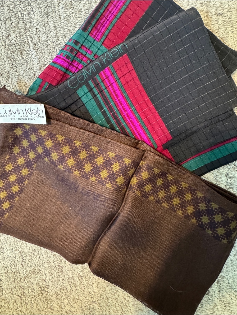2 Calvin Klein Vintage 80s Silk Scarves - Brown & Multicolor Plaid